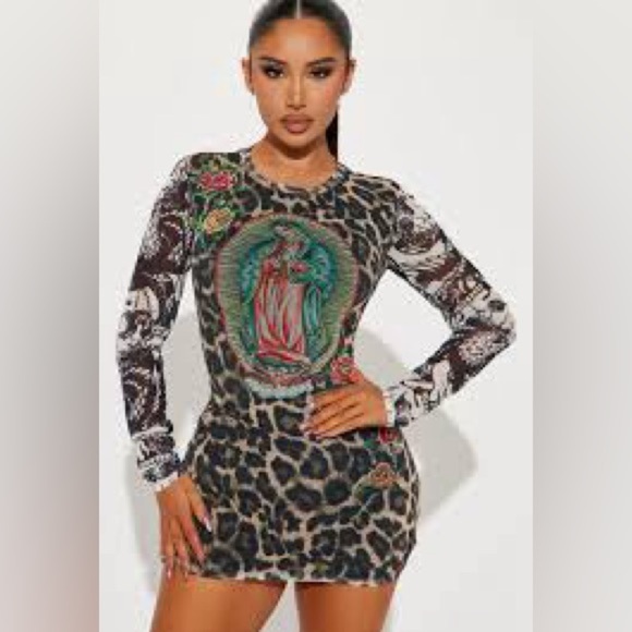 Ed Hardy “Dolls Kill” Mini Dress Leopard Virgin Mary Long Sleeves Y2K Size XL - Picture 1 of 11